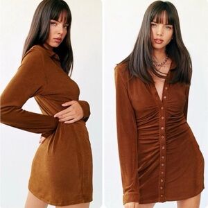 NEW With Jean Rust Brown Ruched Long Sleeve Button Up Bodycon Andy Mini Dress